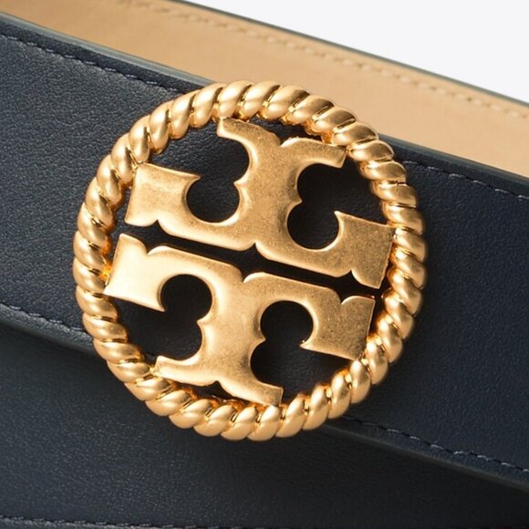Tory Burch $198 REMOVABLE BUCKLE WIDE 1 1/2" Twisted Logo Belt Royal Navy S L - Picture 3 of 4